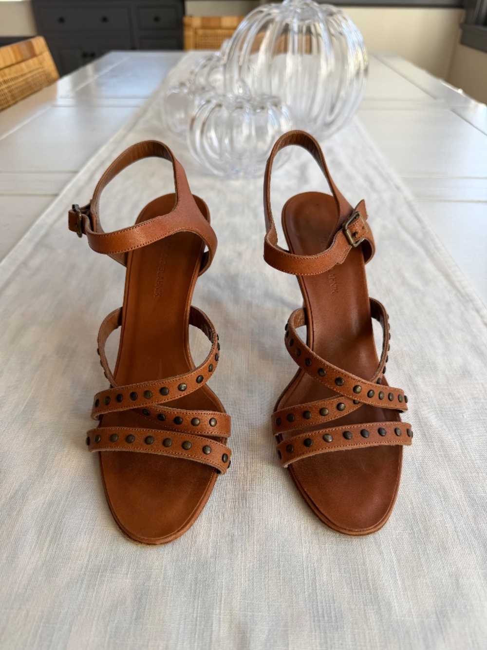 Manolo Blahnik brown leather studded heels, size 39